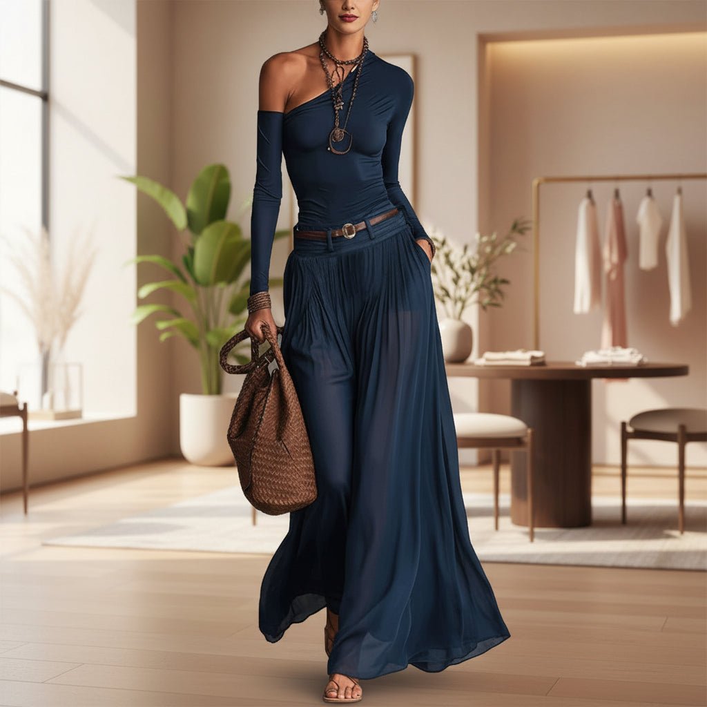 Asymmetrical Shoulder Long Sleeve Dress Set – Belted A-Line Maxi Dress - Courbe et Compagnie