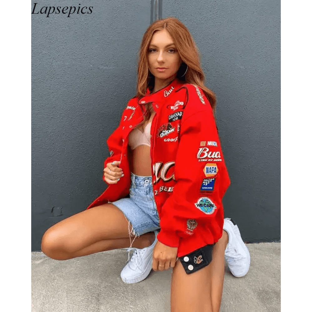 Autumn and Winter Sports Style Red Printed Casual Loose Long Sleeve Coat Jacket For Women Oversized Jackets for Women - Courbe et Compagnie