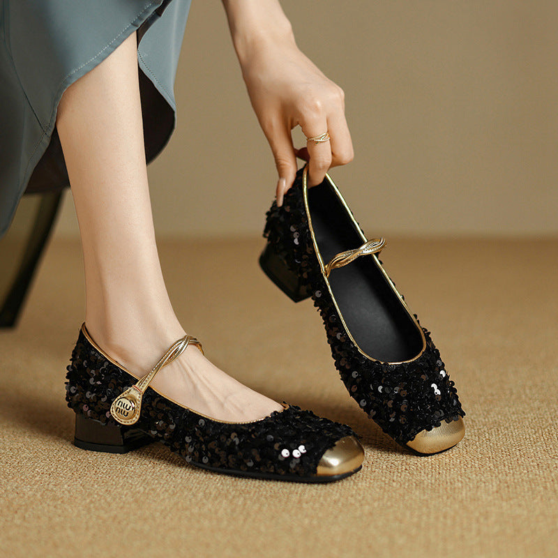 Women's Sequined Peep-Toe Mary Jane Shoes | Low Chunky Heel Buckle Dress Shoes