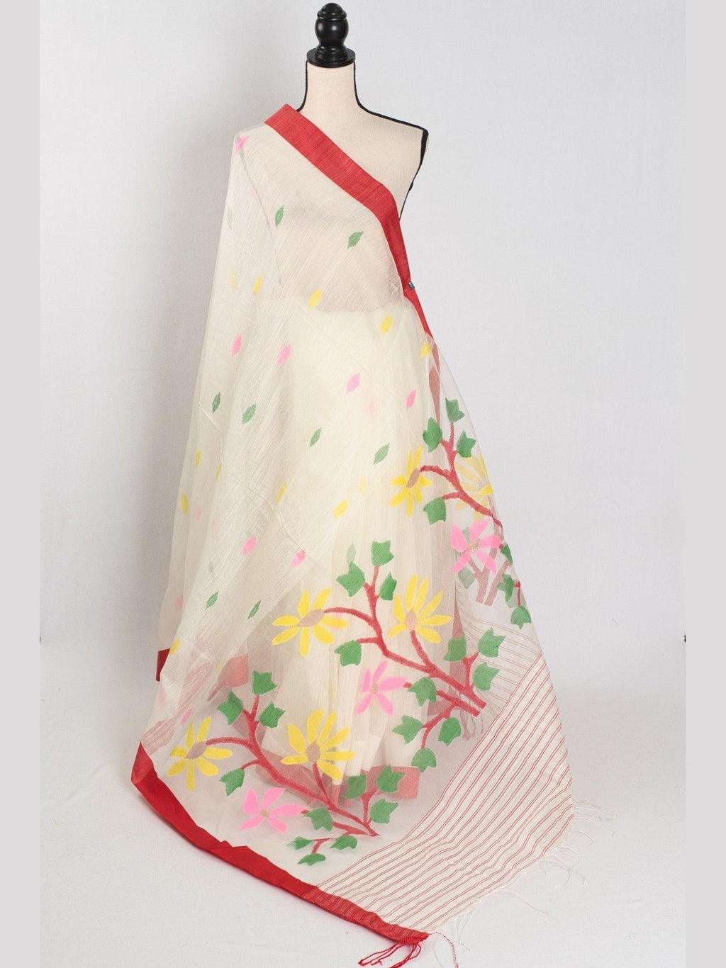 Balaka: White & Red Bengal Linen-Cotton Saree | Traditional Lal-Par Saree - Courbe et Compagnie