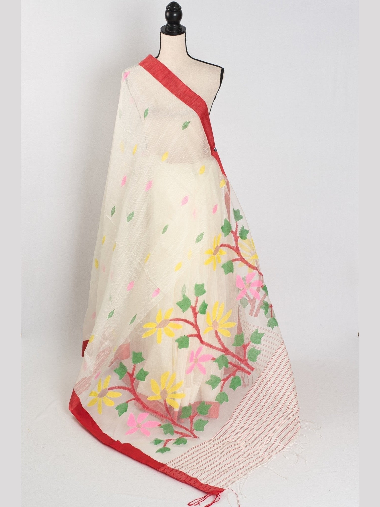 Balaka: White & Red Bengal Linen-Cotton Saree | Traditional Lal-Par Saree - Courbe et Compagnie