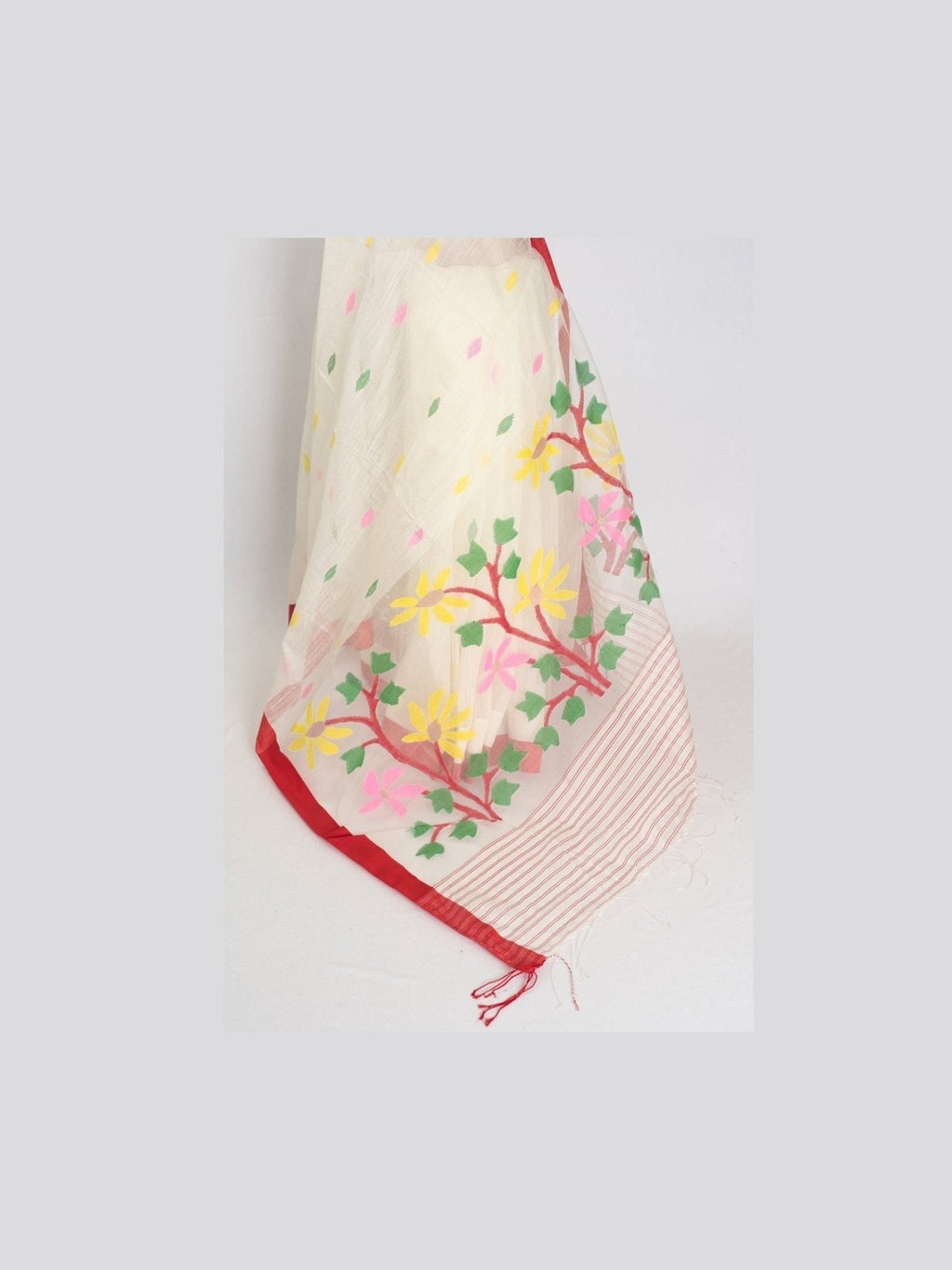 Balaka: White & Red Bengal Linen-Cotton Saree | Traditional Lal-Par Saree - Courbe et Compagnie