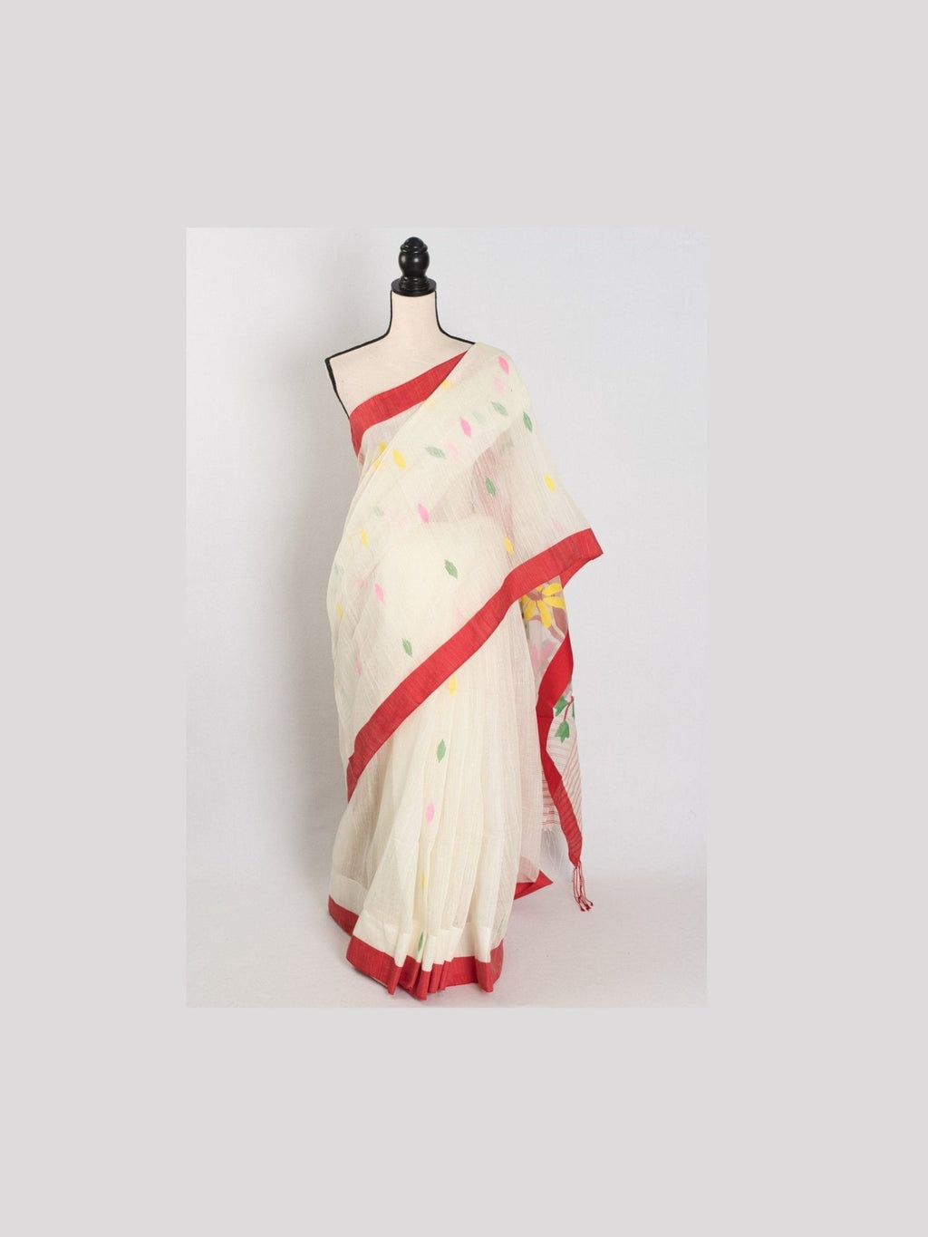 Balaka: White & Red Bengal Linen-Cotton Saree | Traditional Lal-Par Saree - Courbe et Compagnie
