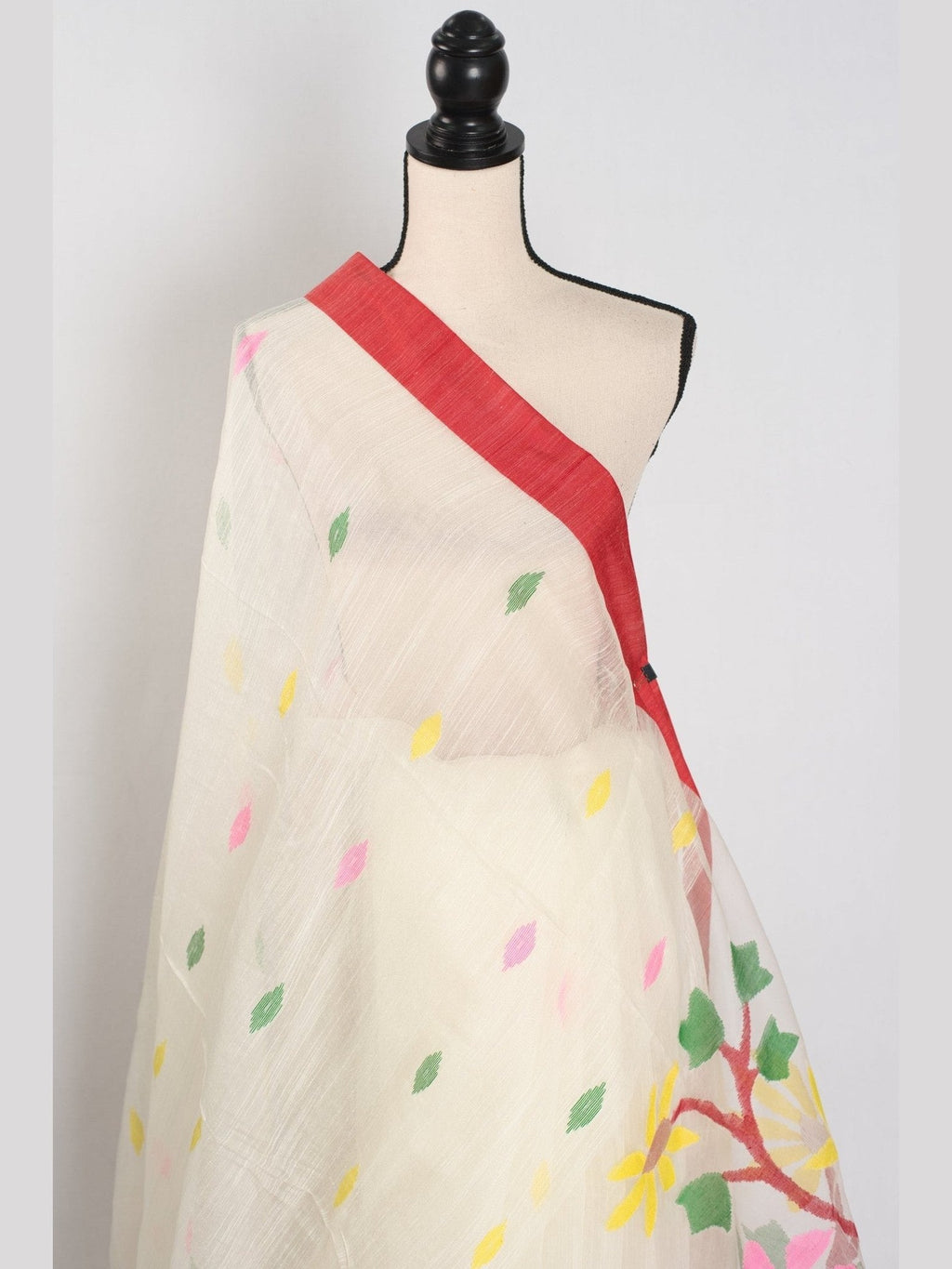 Balaka: White & Red Bengal Linen-Cotton Saree | Traditional Lal-Par Saree - Courbe et Compagnie