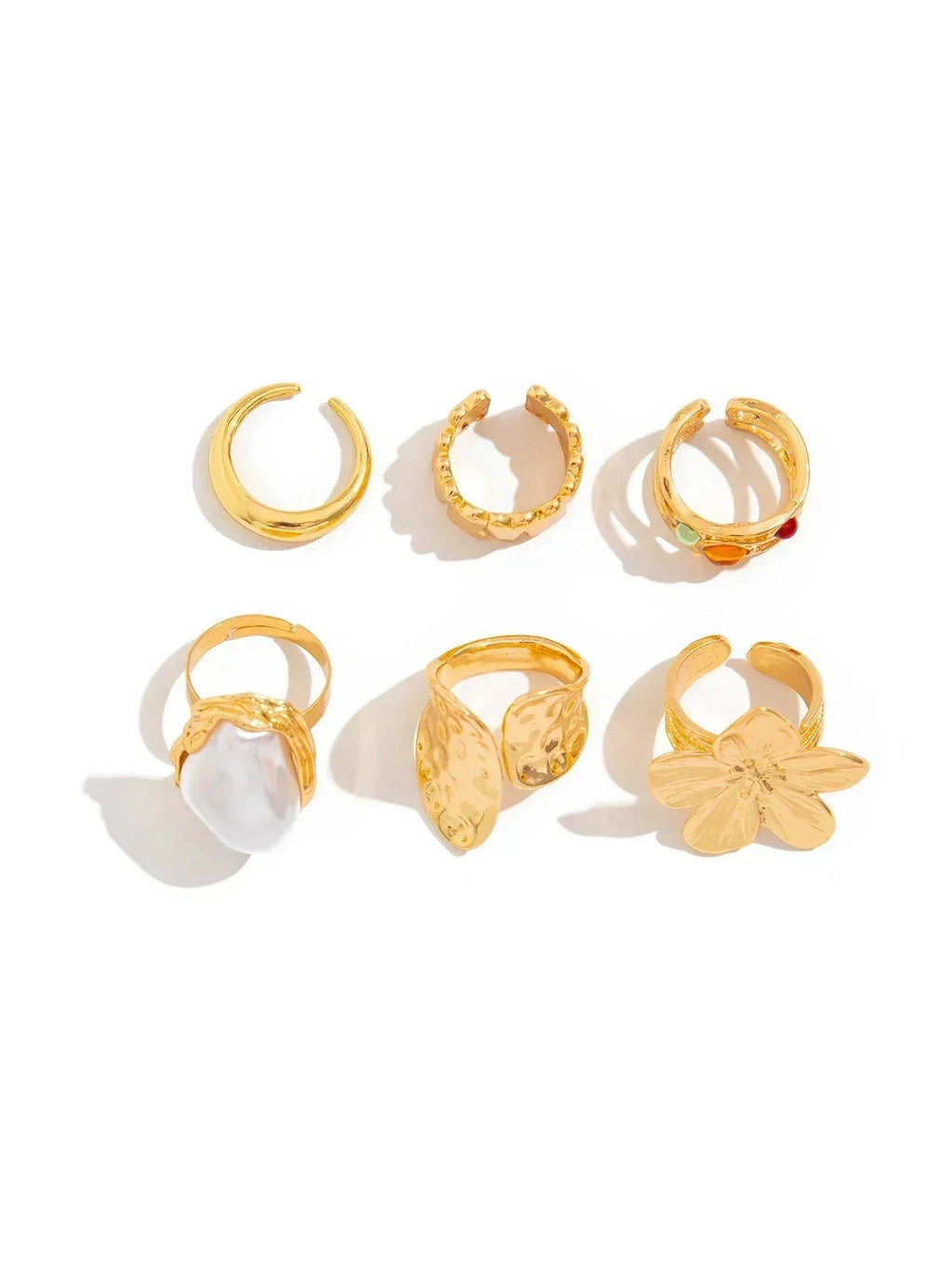 Baroque Metal Flower Open Ring Set – 6-Piece Imitation Pearl Statement Rings - Courbe et Compagnie