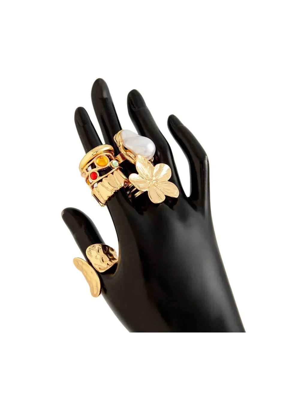 Baroque Metal Flower Open Ring Set – 6-Piece Imitation Pearl Statement Rings - Courbe et Compagnie