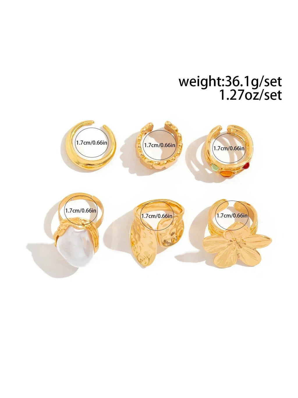 Baroque Metal Flower Open Ring Set – 6-Piece Imitation Pearl Statement Rings - Courbe et Compagnie
