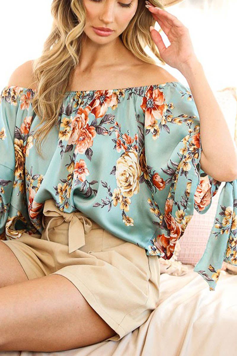 NATASHA - Floral Off The Shoulder Satin Blouse Top