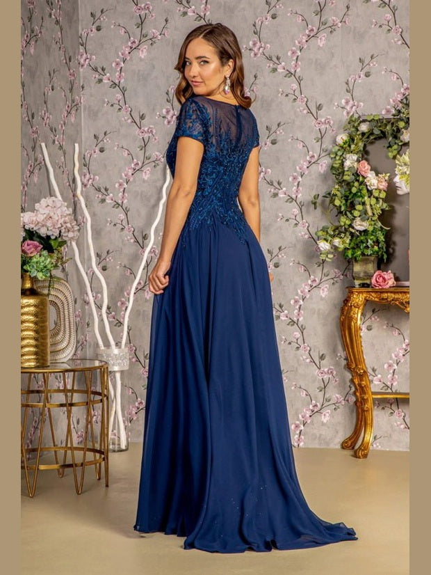 Bead Embroidery Sheer Neckline Chiffon A-line Long Dress - Courbe et Compagnie