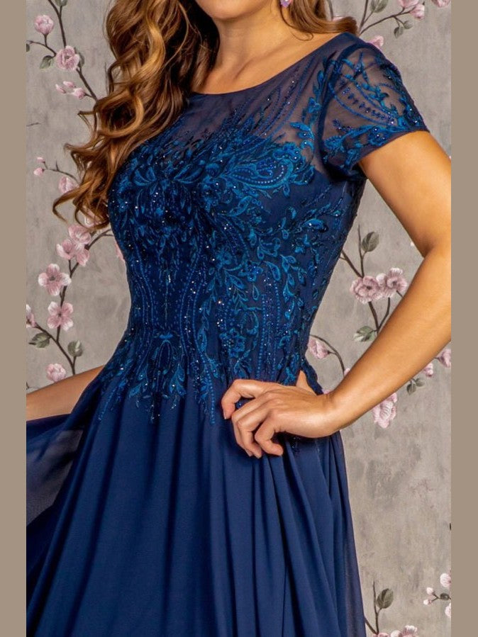 Bead Embroidery Sheer Neckline Chiffon A-line Long Dress - Courbe et Compagnie