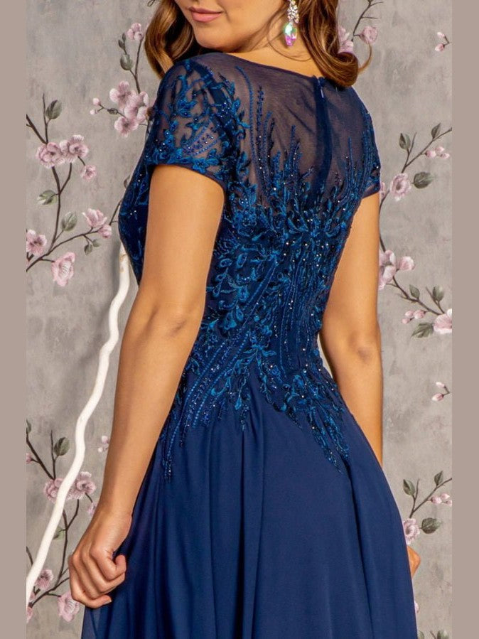 Bead Embroidery Sheer Neckline Chiffon A-line Long Dress - Courbe et Compagnie