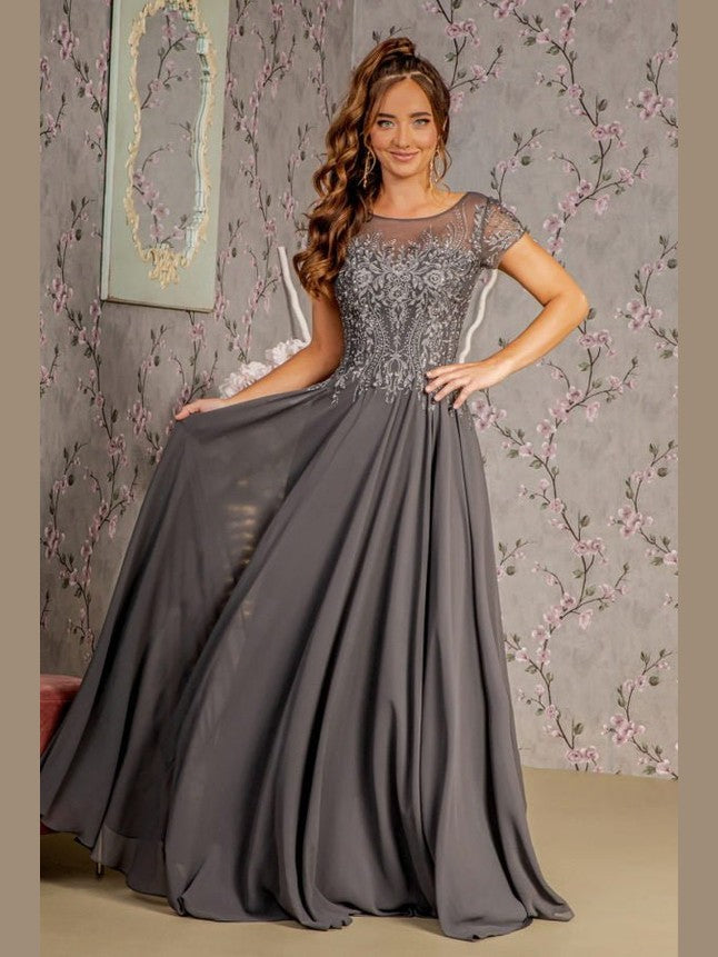 Bead Embroidery Sheer Neckline Chiffon A-line Long Dress - Courbe et Compagnie