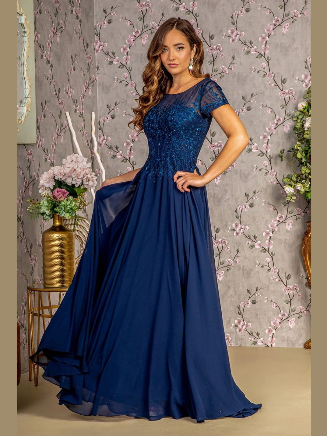 Bead Embroidery Sheer Neckline Chiffon A-line Long Dress - Courbe et Compagnie