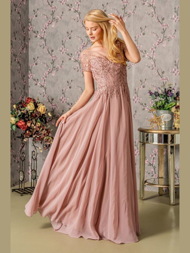 Bead Embroidery Sheer Neckline Chiffon A-line Long Dress - Courbe et Compagnie