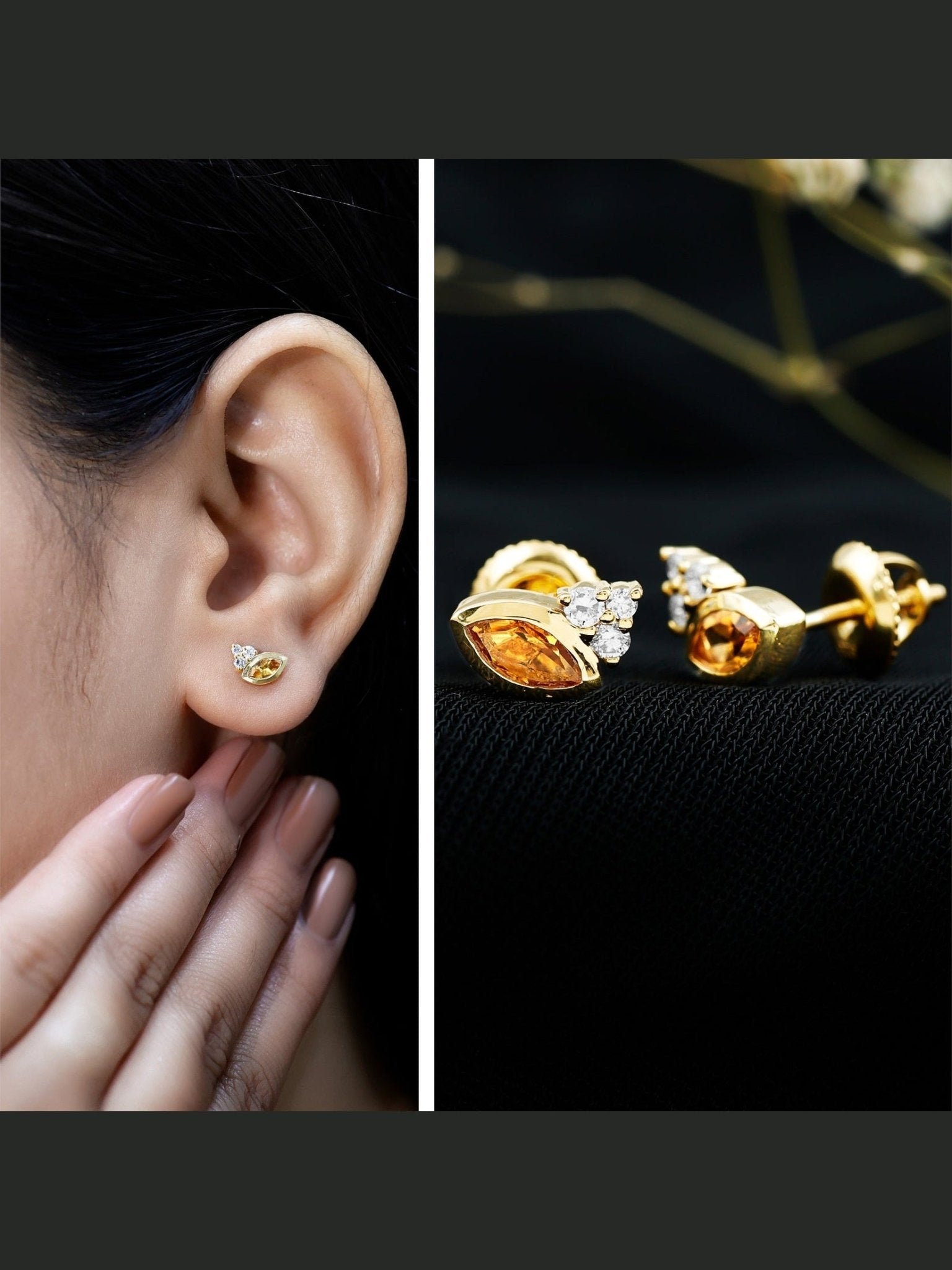 Bezel Set Citrine Marquise Stud Earrings with Diamonds - Courbe et Compagnie