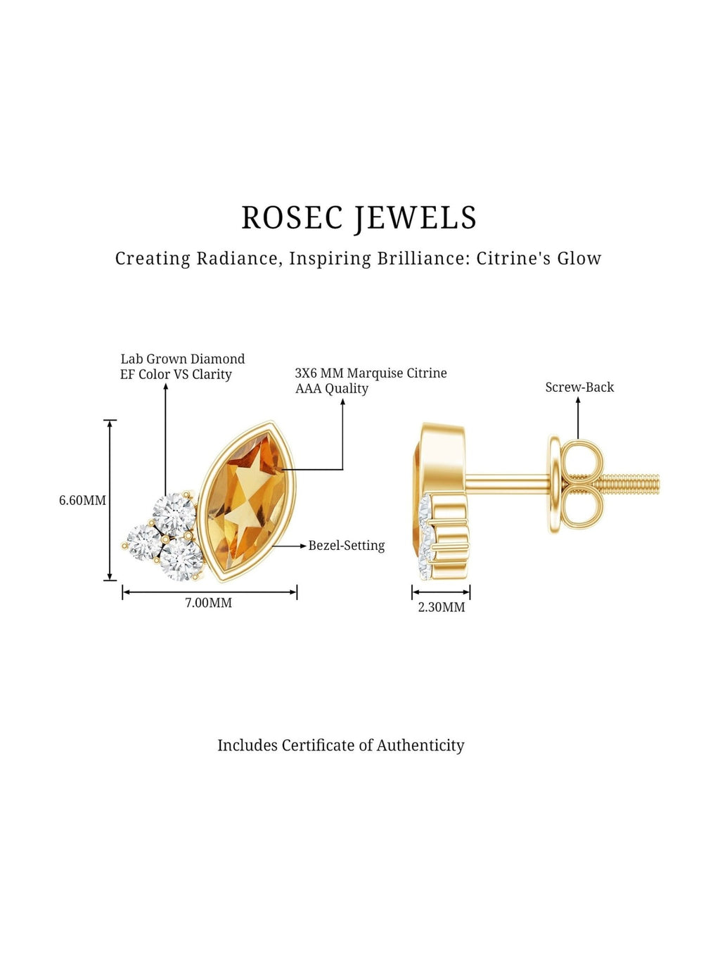 Bezel Set Citrine Marquise Stud Earrings with Diamonds - Courbe et Compagnie