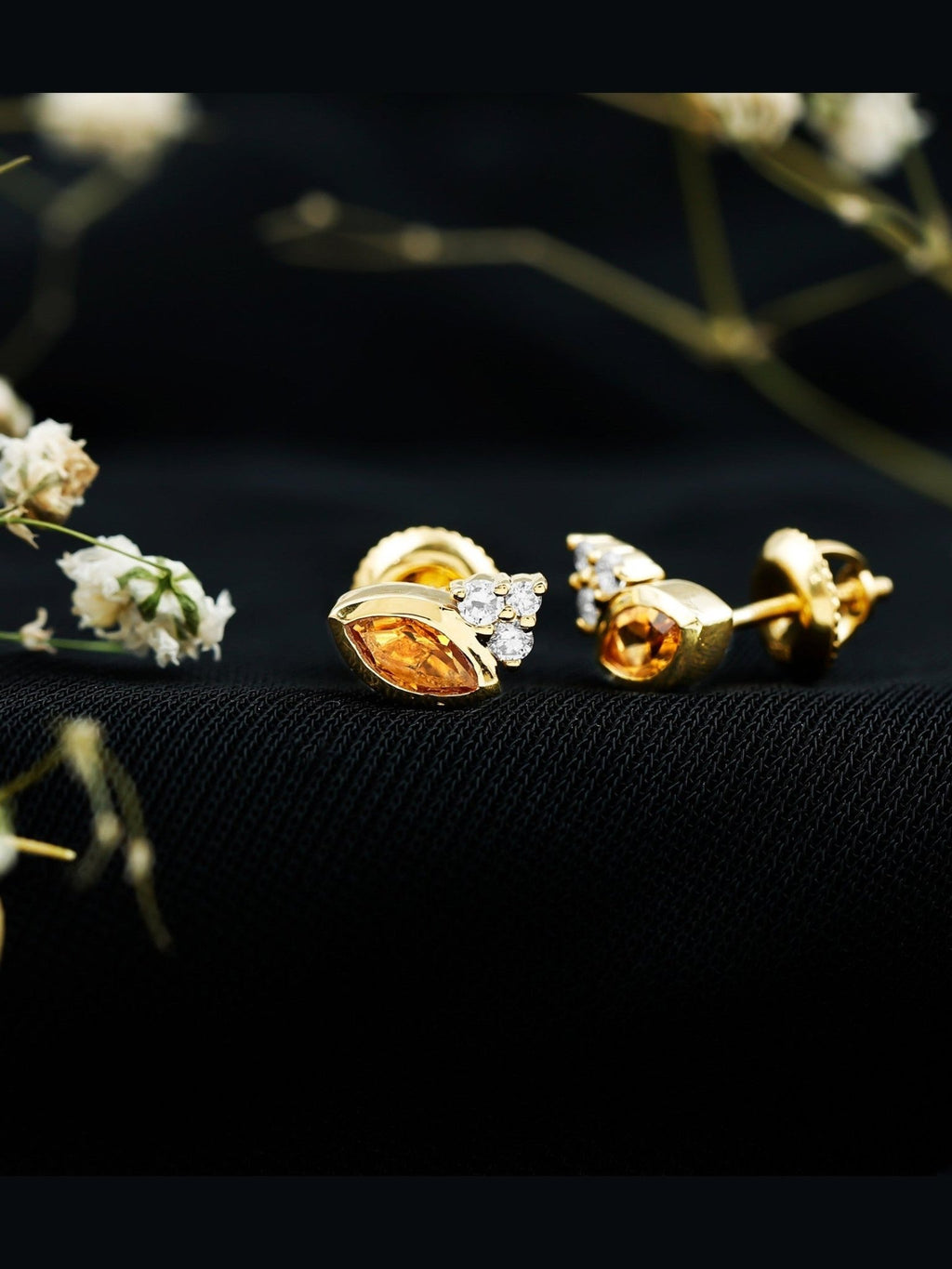 Bezel Set Citrine Marquise Stud Earrings with Diamonds - Courbe et Compagnie