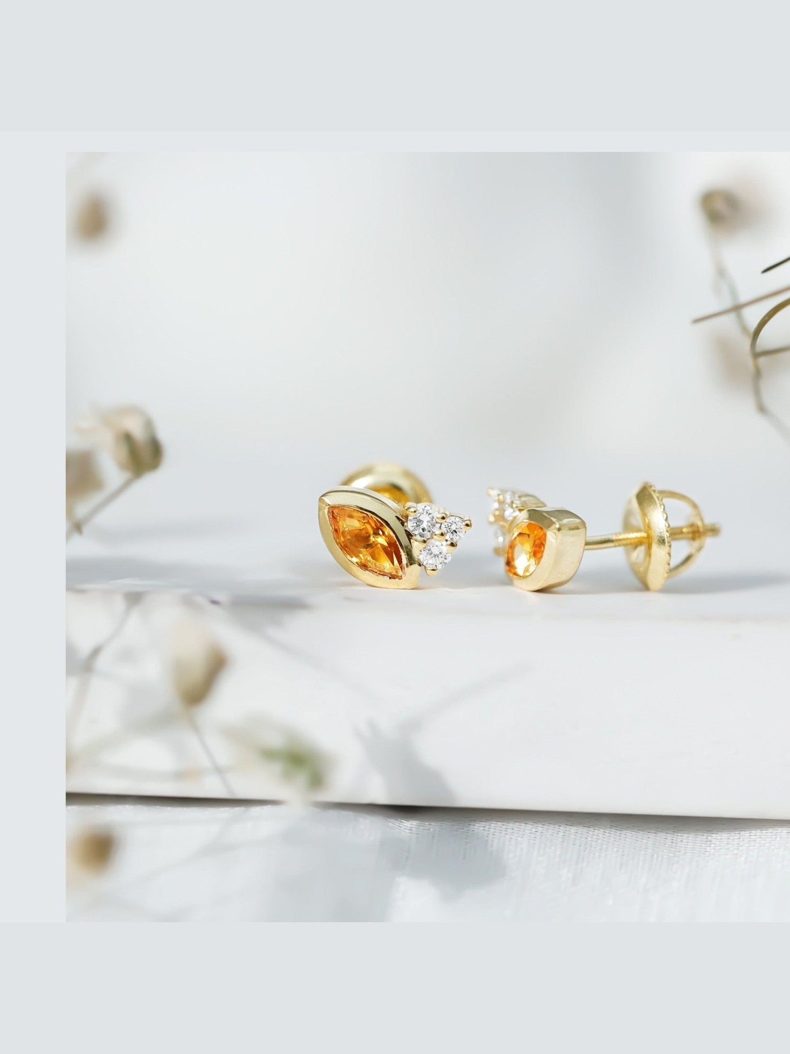 Bezel Set Citrine Marquise Stud Earrings with Diamonds - Courbe et Compagnie
