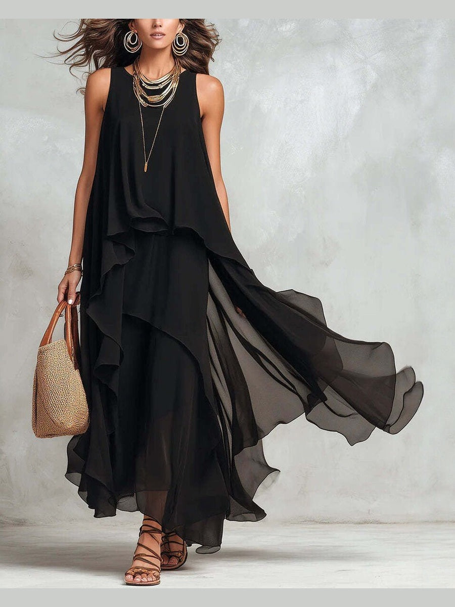 Black Asymmetrical Chiffon Maxi Dress – Flowy Sleeveless Boho A-Line Long Dress for Women - Courbe et Compagnie