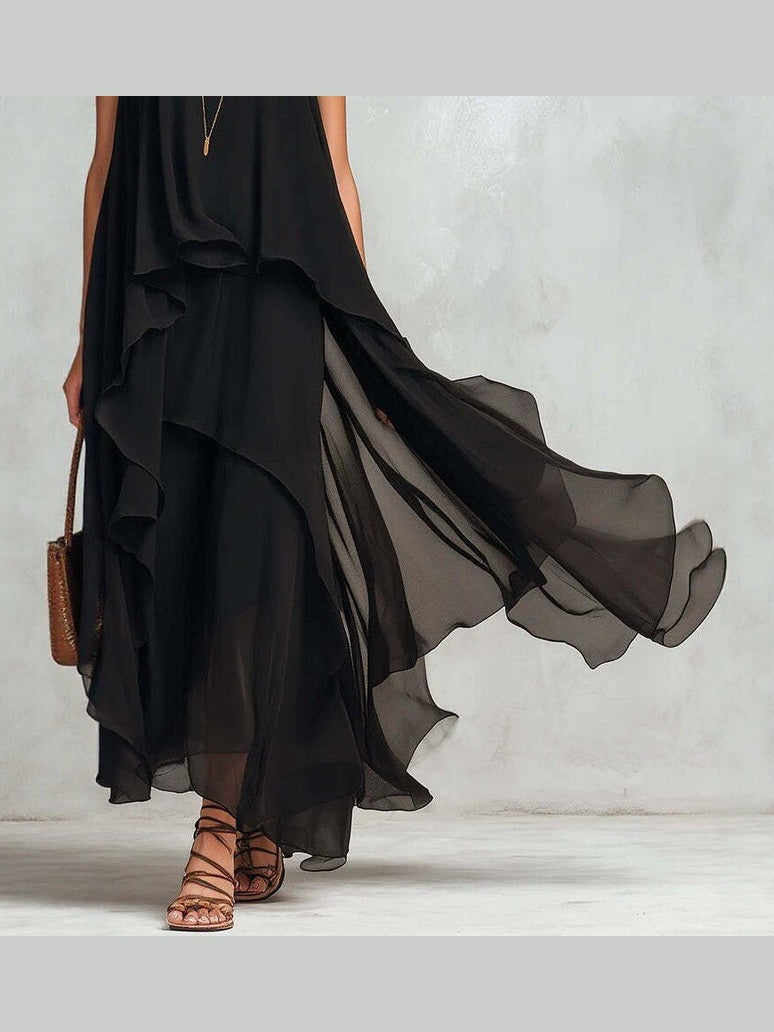Black Asymmetrical Chiffon Maxi Dress – Flowy Sleeveless Boho A-Line Long Dress for Women - Courbe et Compagnie