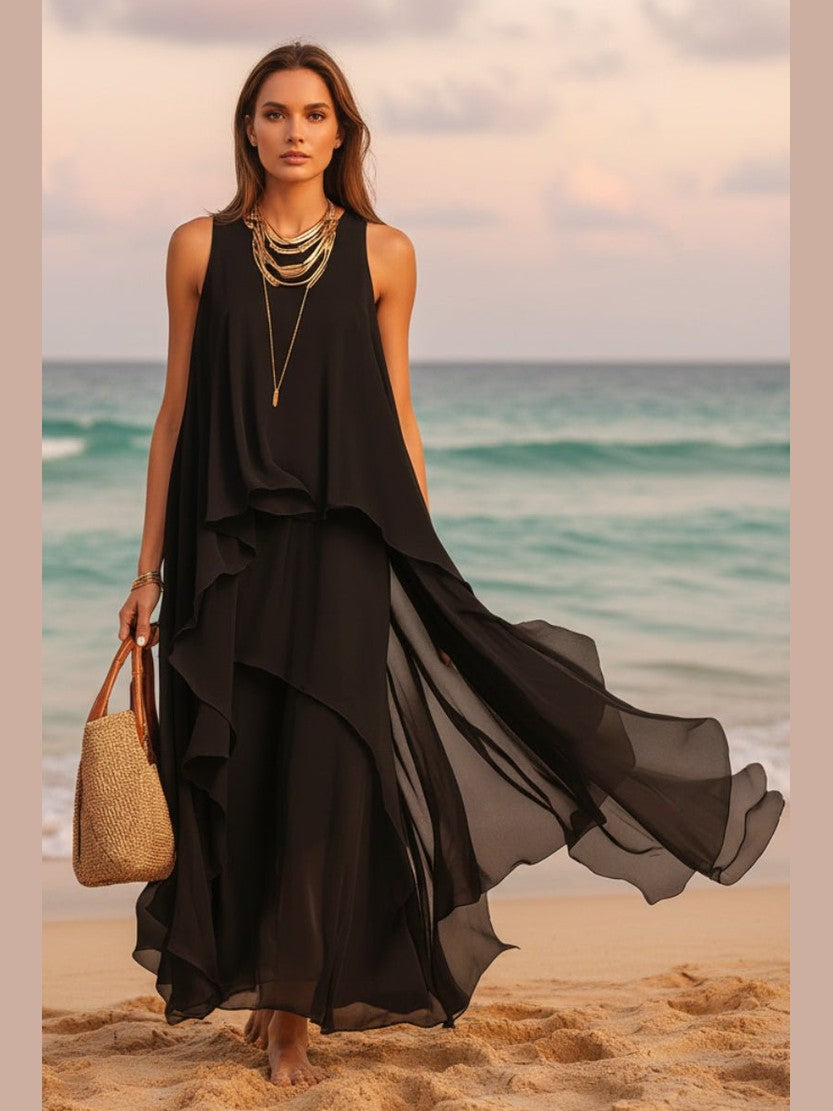 Black Asymmetrical Chiffon Maxi Dress – Flowy Sleeveless Boho A-Line Long Dress for Women - Courbe et Compagnie