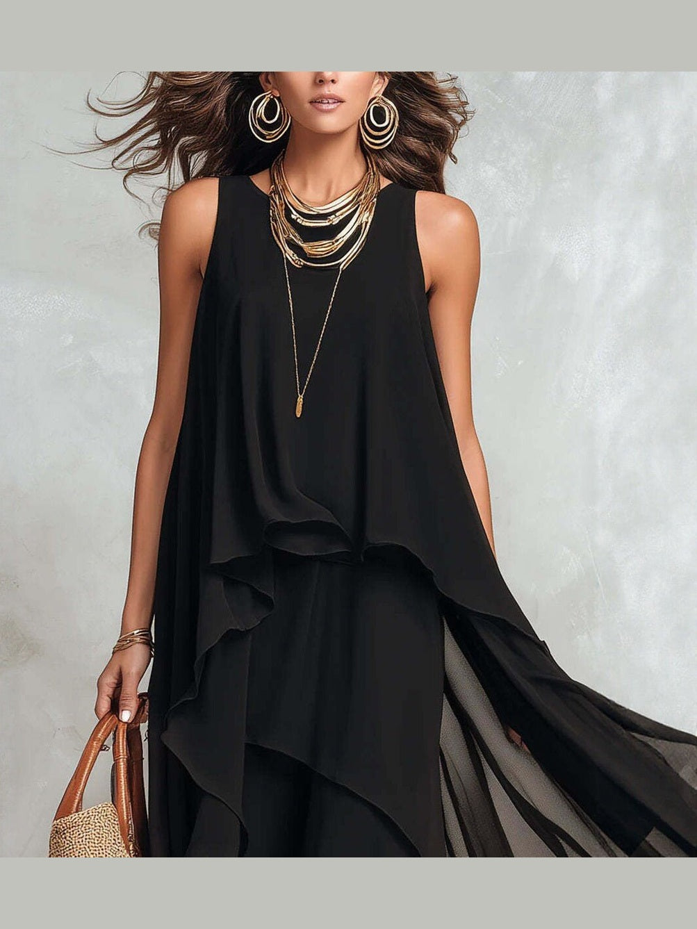 Black Asymmetrical Chiffon Maxi Dress – Flowy Sleeveless Boho A-Line Long Dress for Women - Courbe et Compagnie