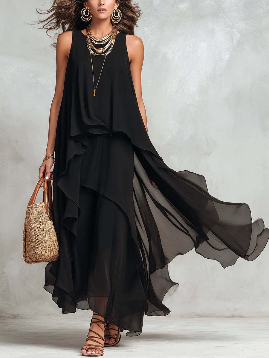 Black Asymmetrical Chiffon Maxi Dress – Flowy Sleeveless Boho A-Line Long Dress for Women - Courbe et Compagnie