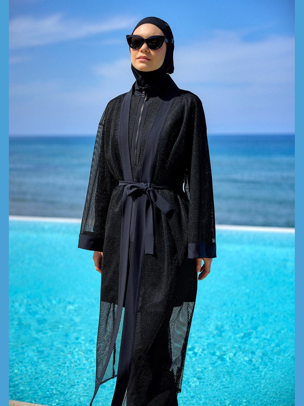 Black Full Coverage Mesh Kimono – Lightweight Islamic Beach Cover-Up P2501-1 - Courbe et Compagnie