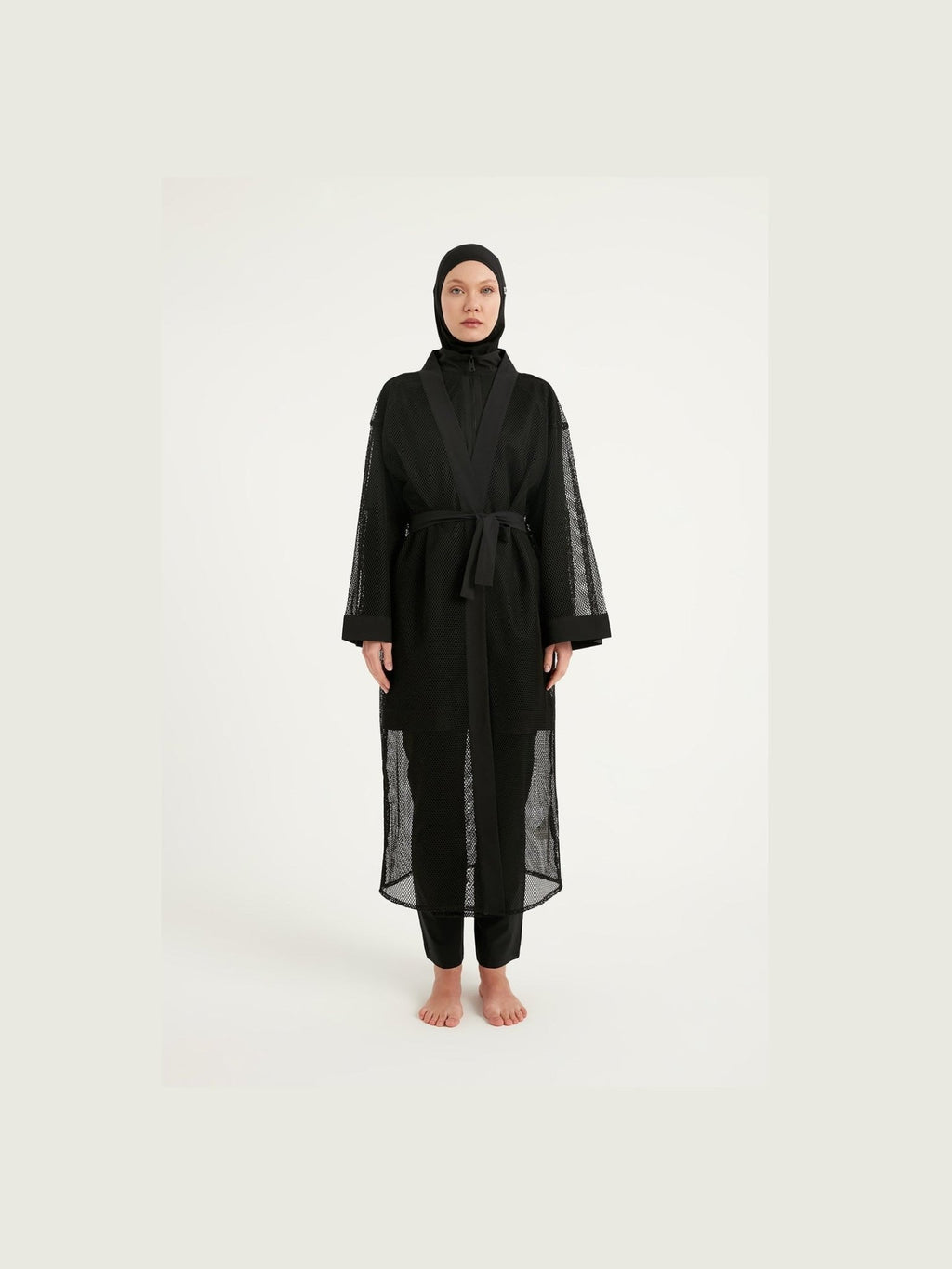 Black Full Coverage Mesh Kimono – Lightweight Islamic Beach Cover-Up P2501-1 - Courbe et Compagnie