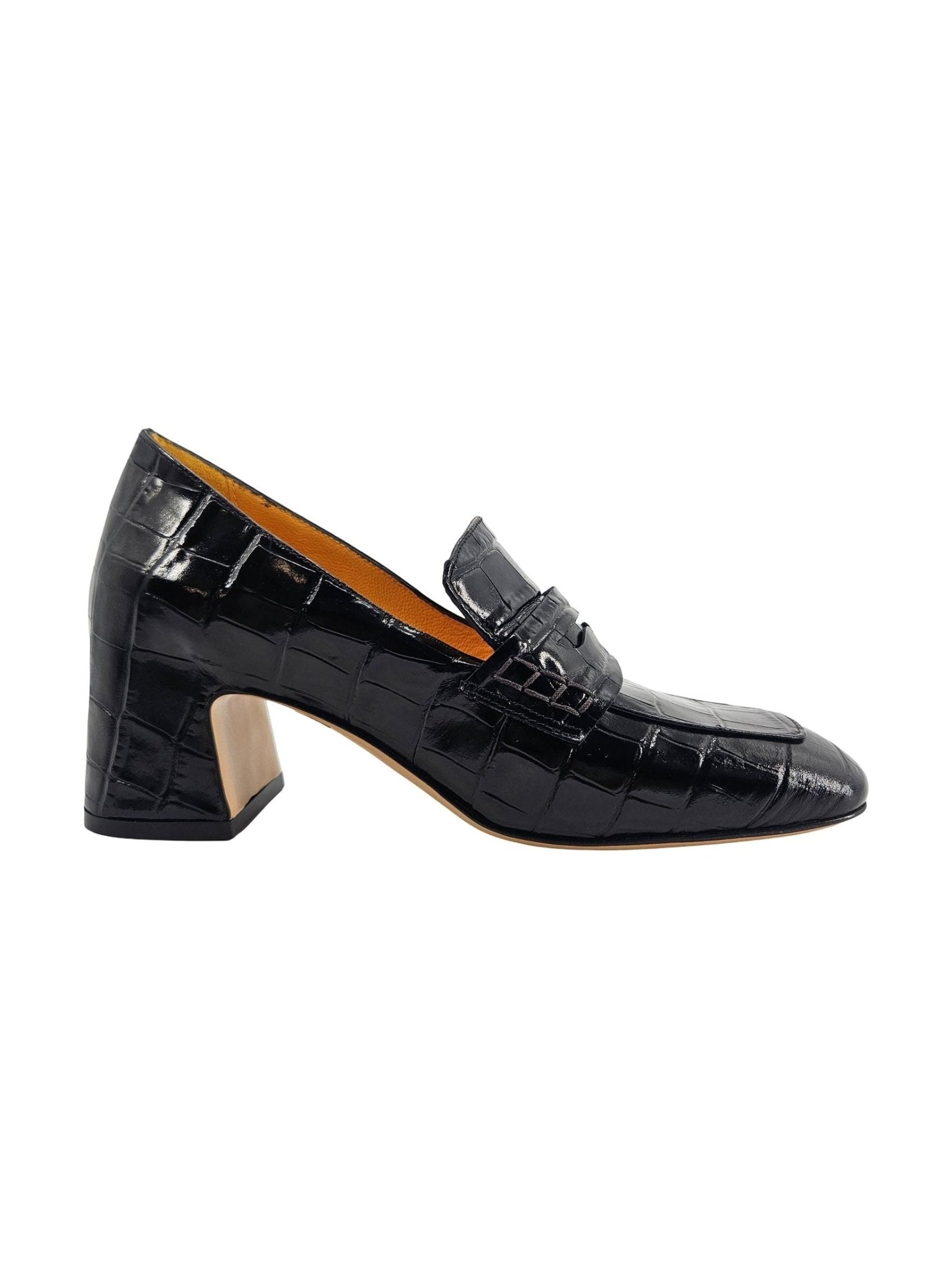 Black Leather Heel Moc Croc Leather Loafer - Courbe et Compagnie