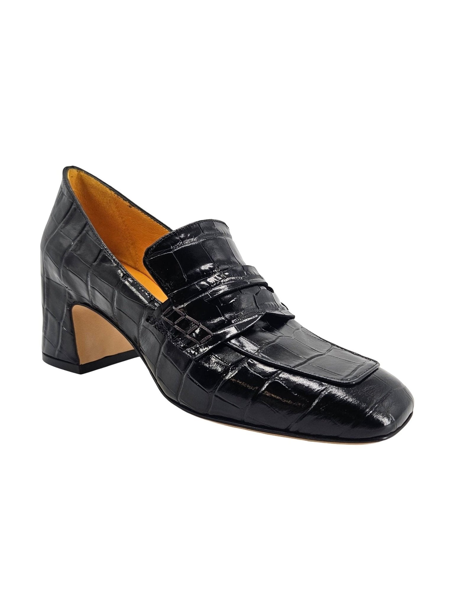 Black Leather Heel Moc Croc Leather Loafer - Courbe et Compagnie