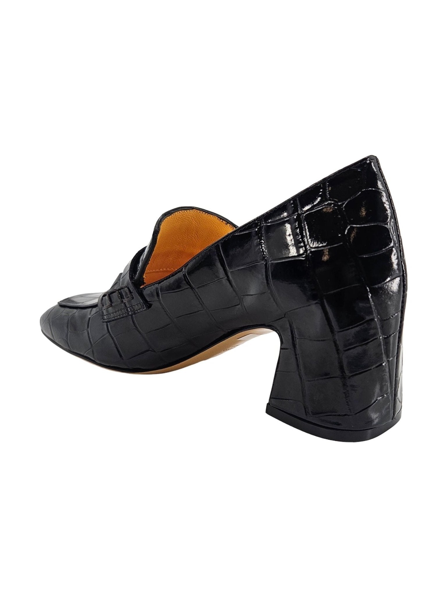 Black Leather Heel Moc Croc Leather Loafer - Courbe et Compagnie