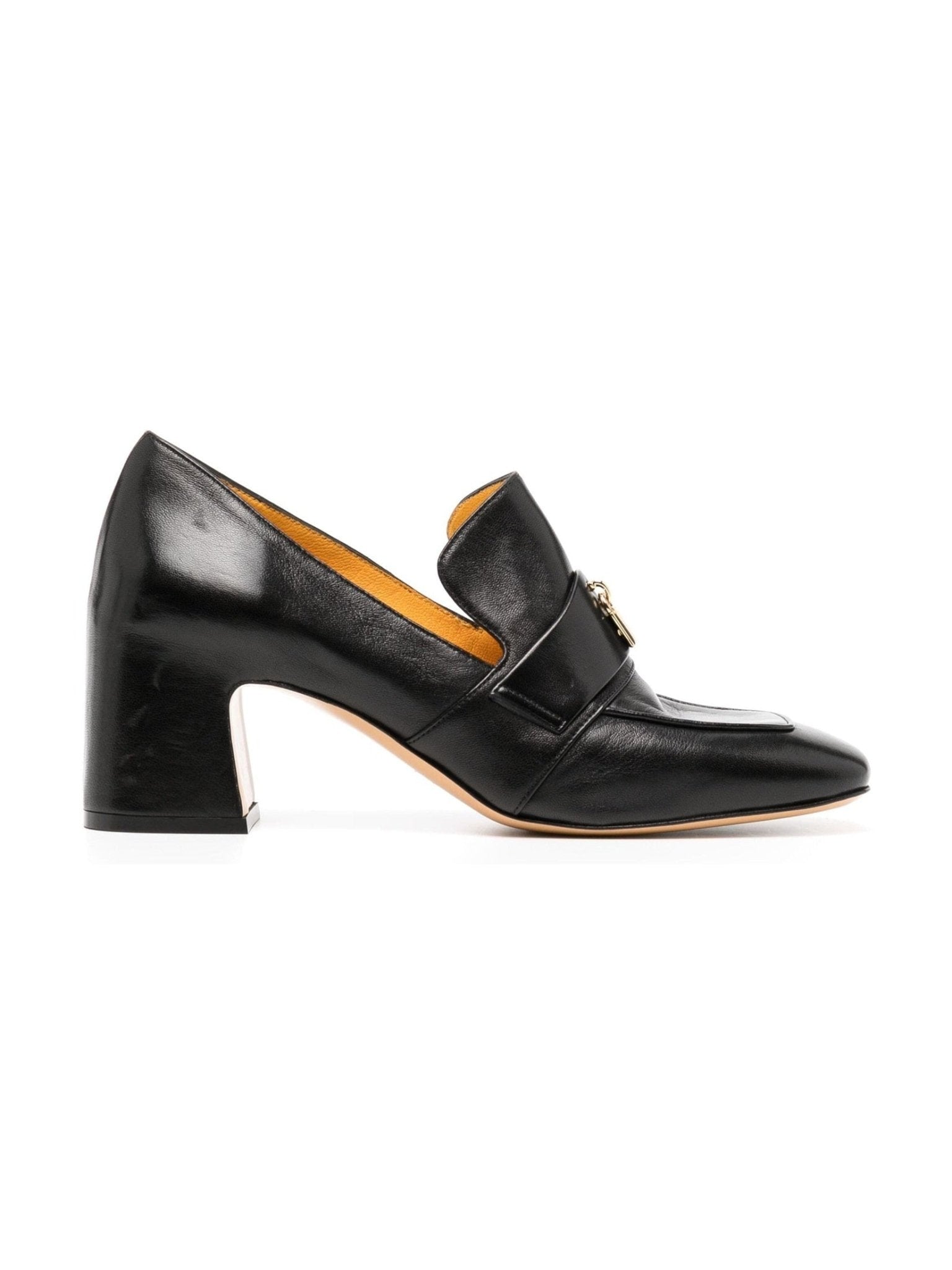 Black Leather Lock Heel Loafer - Courbe et Compagnie