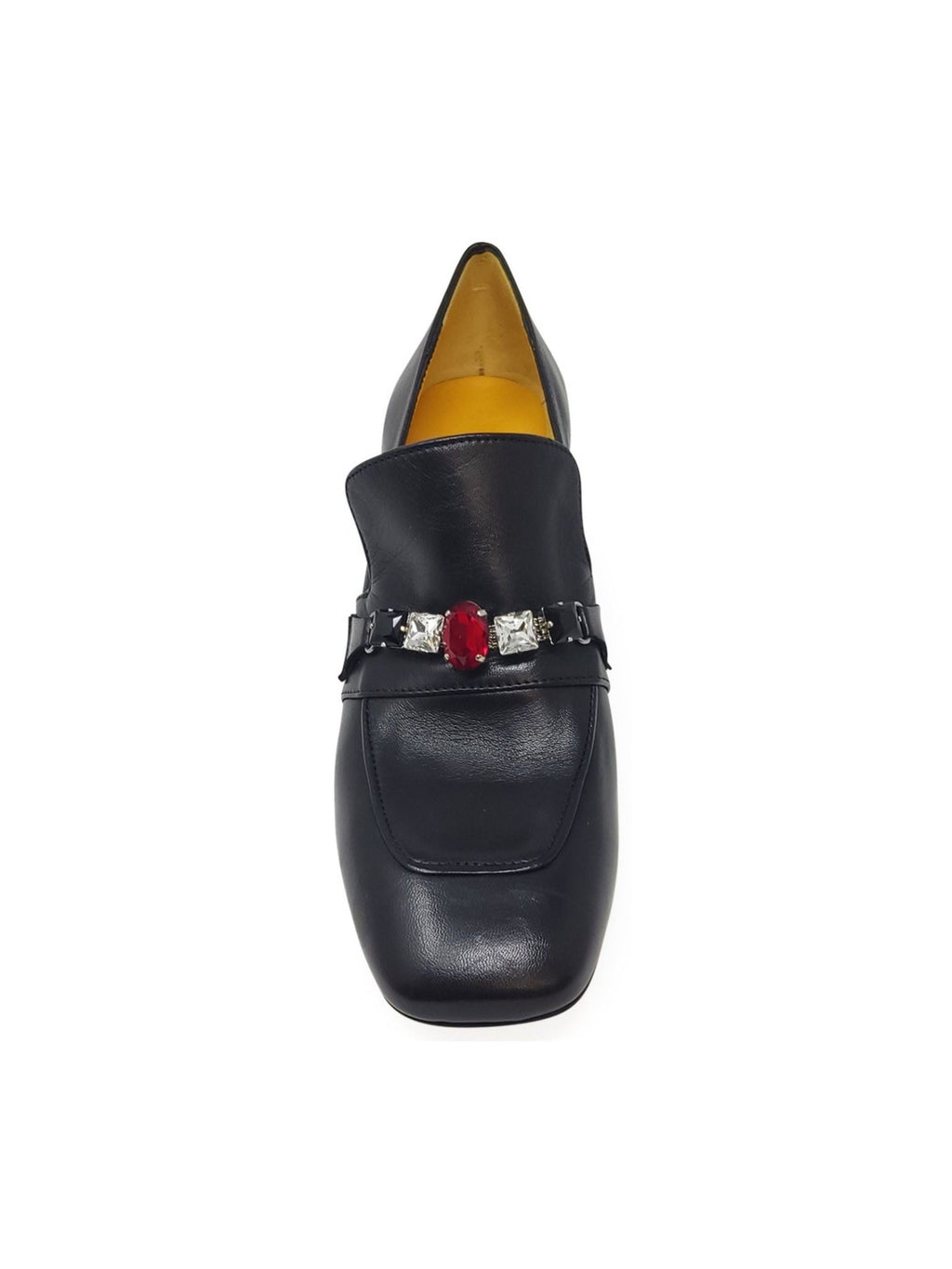 Black Leather Mid Heel Jeweled Loafer - Courbe et Compagnie