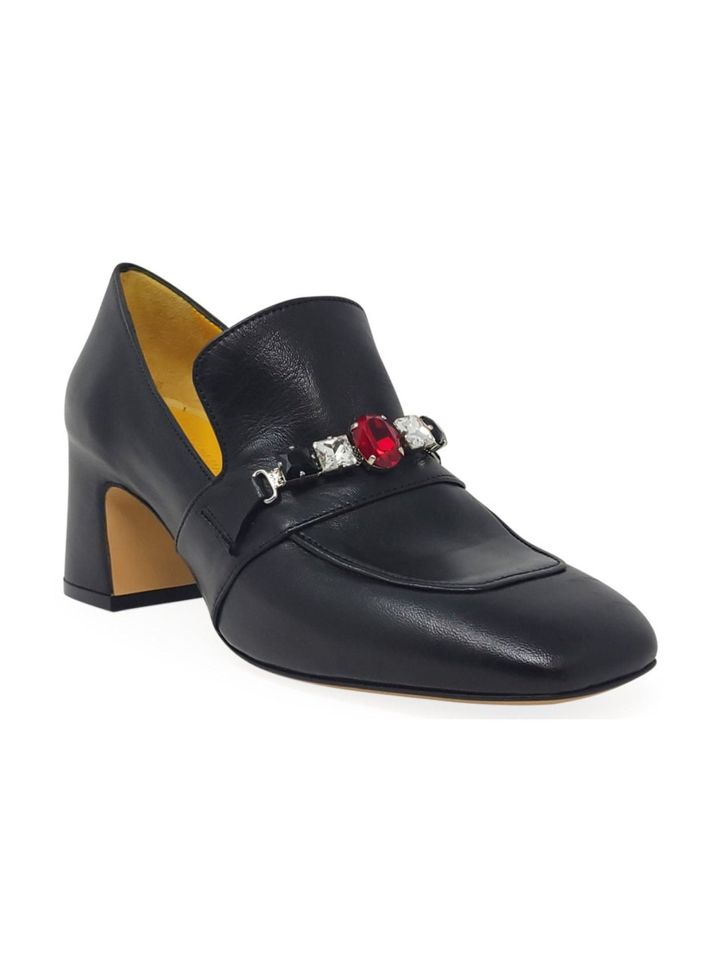 Black Leather Mid Heel Jeweled Loafer - Courbe et Compagnie