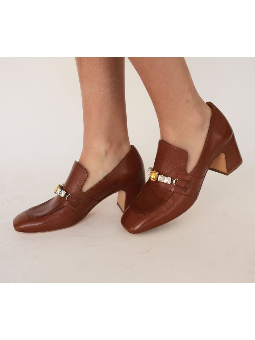 Black Leather Mid Heel Jeweled Loafer - Courbe et Compagnie