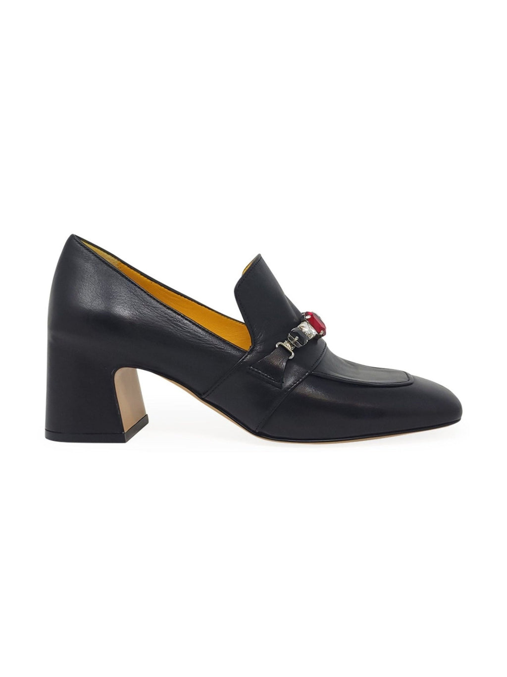 Black Leather Mid Heel Jeweled Loafer - Courbe et Compagnie