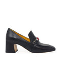 Black Leather Mid Heel Jeweled Loafer - Courbe et Compagnie