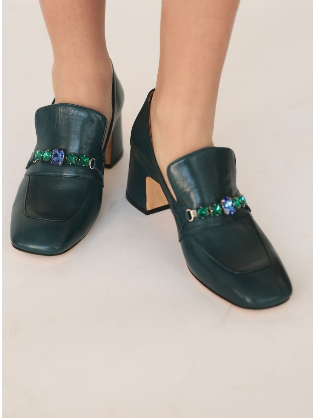 Black Leather Mid Heel Jeweled Loafer - Courbe et Compagnie