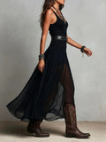 Black Mesh Strap Maxi Dress with Belt – V-Neck Pleated Long Dress - Courbe et Compagnie