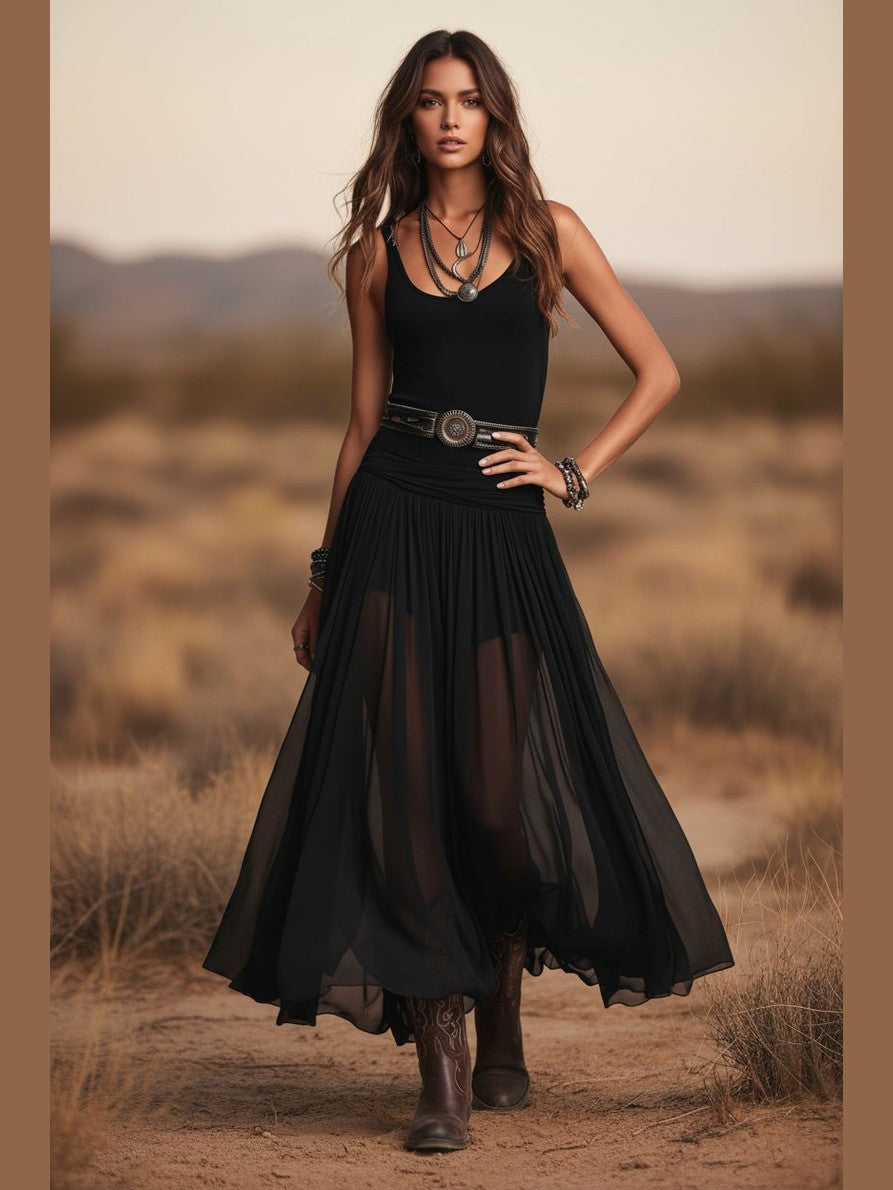 Black Mesh Strap Maxi Dress with Belt – V-Neck Pleated Long Dress - Courbe et Compagnie