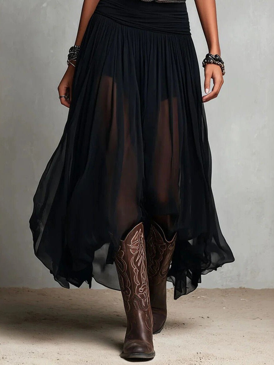 Black Mesh Strap Maxi Dress with Belt – V-Neck Pleated Long Dress - Courbe et Compagnie