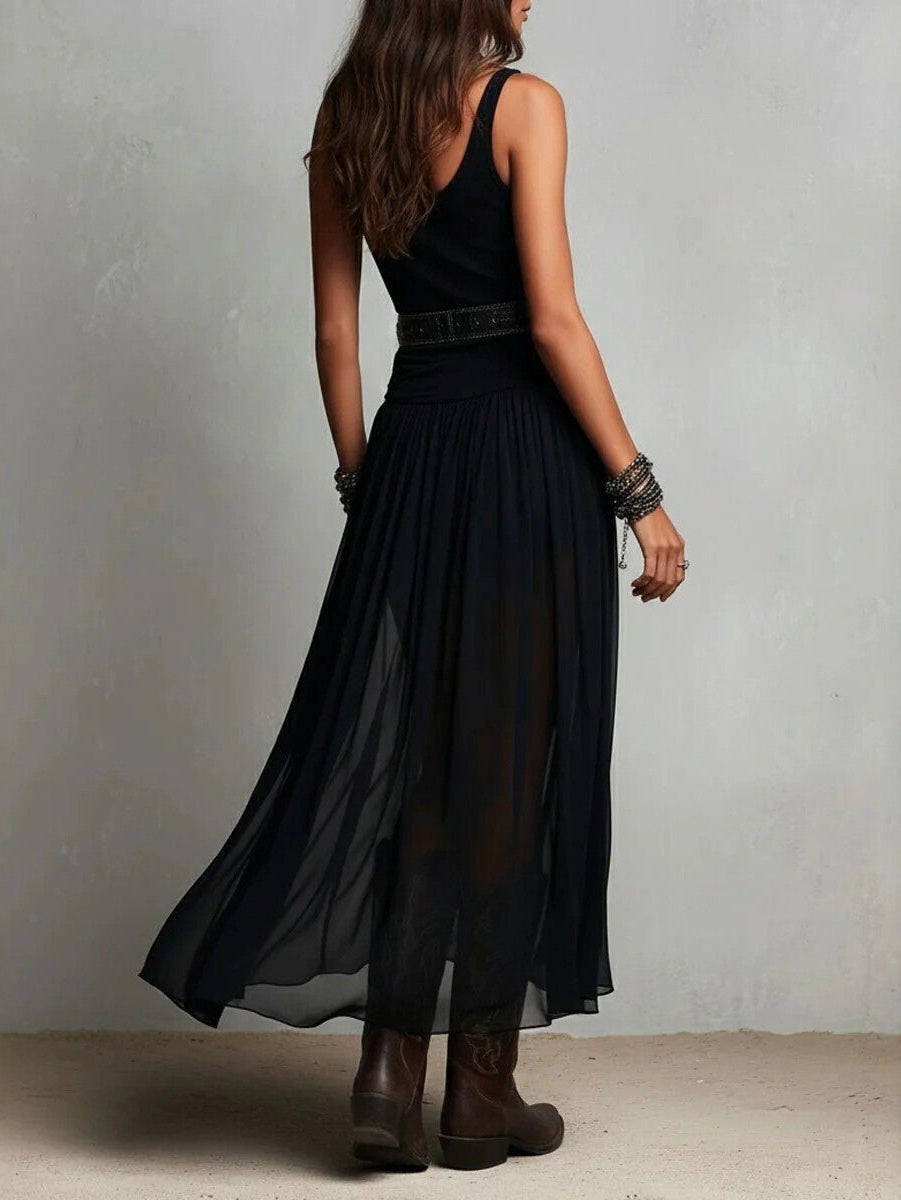 Black Mesh Strap Maxi Dress with Belt – V-Neck Pleated Long Dress - Courbe et Compagnie