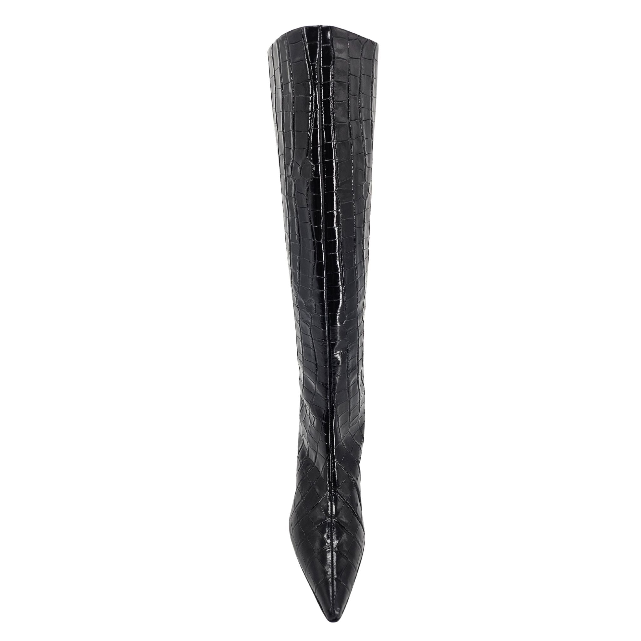 Black Tall Moc Croc Pointy Toe Kitten Heel Boot - Courbe et Compagnie