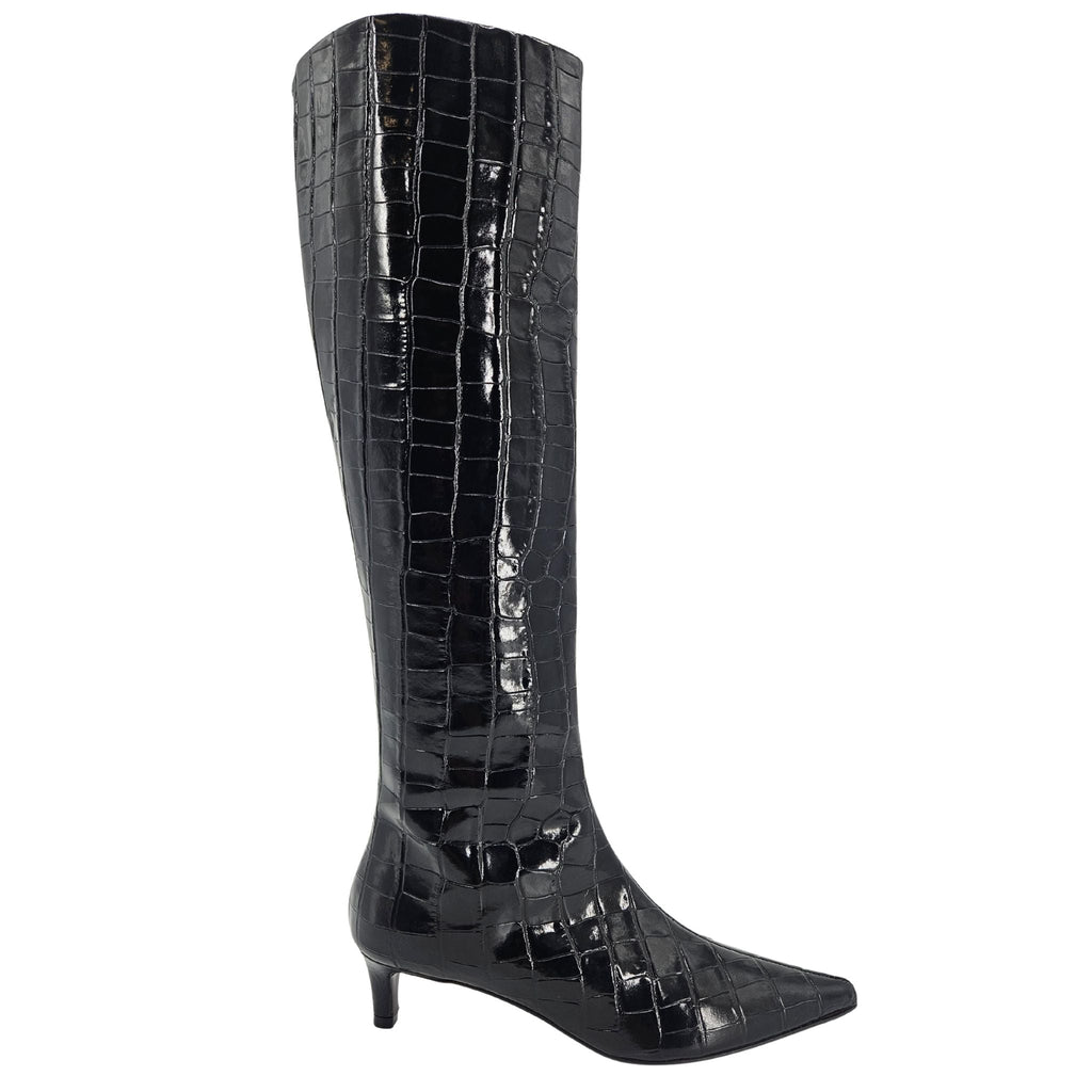 Black Tall Moc Croc Pointy Toe Kitten Heel Boot - Courbe et Compagnie