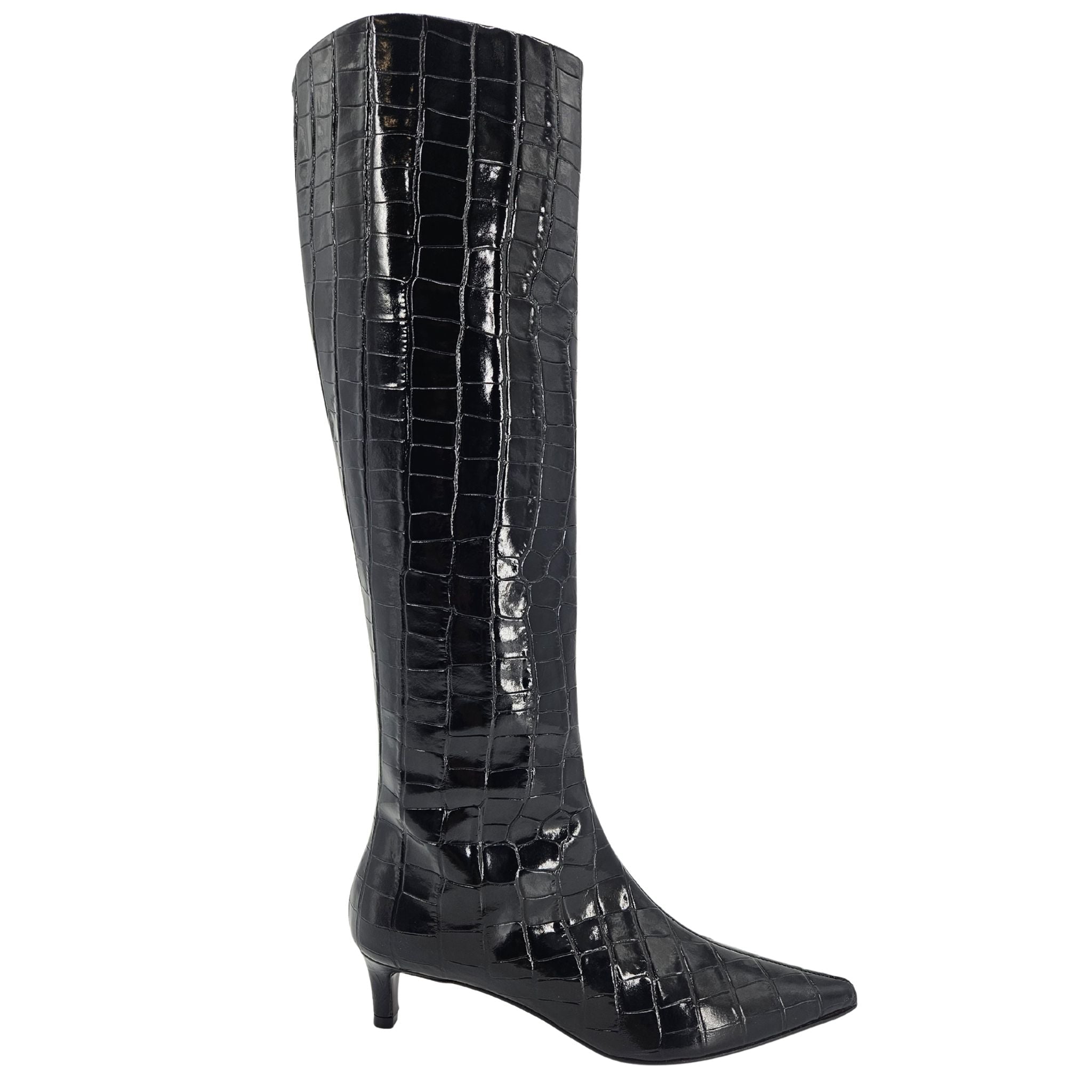 Black Tall Moc Croc Pointy Toe Kitten Heel Boot - Courbe et Compagnie