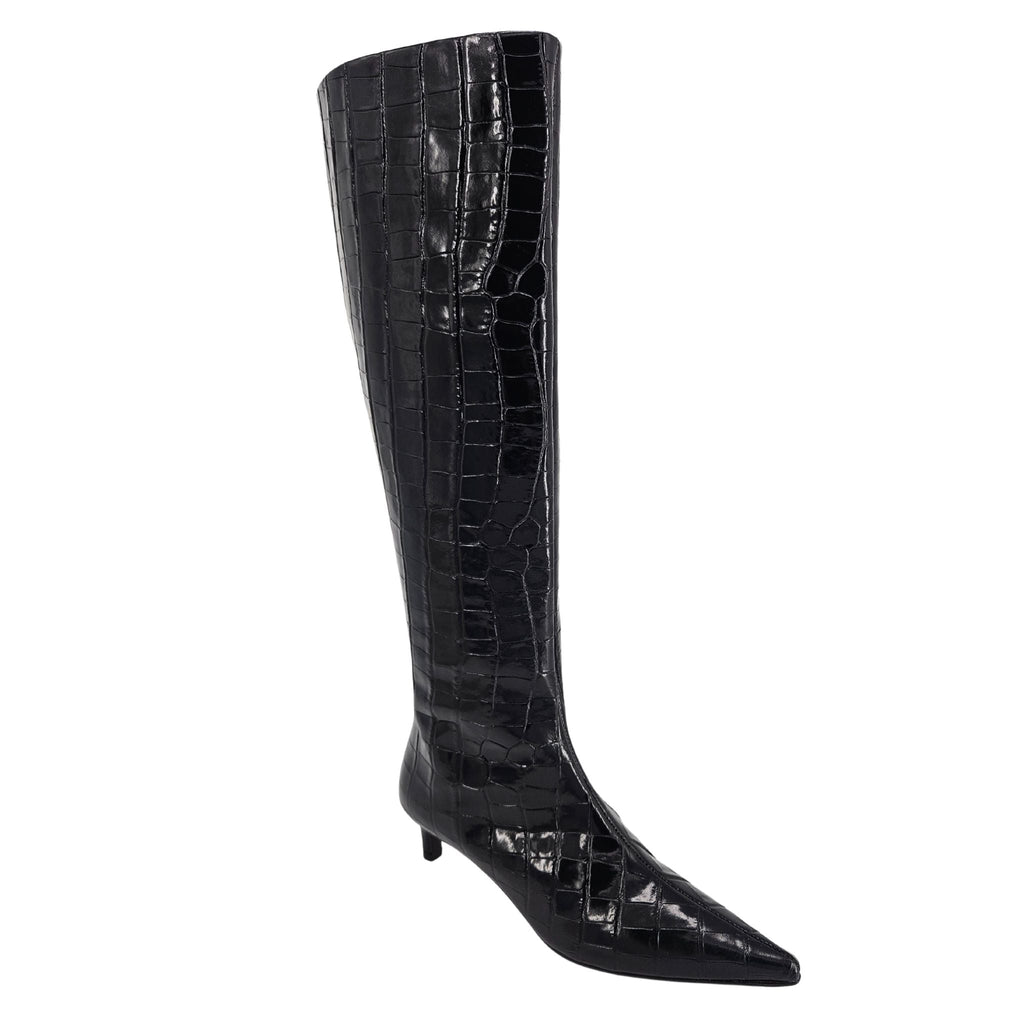 Black Tall Moc Croc Pointy Toe Kitten Heel Boot - Courbe et Compagnie