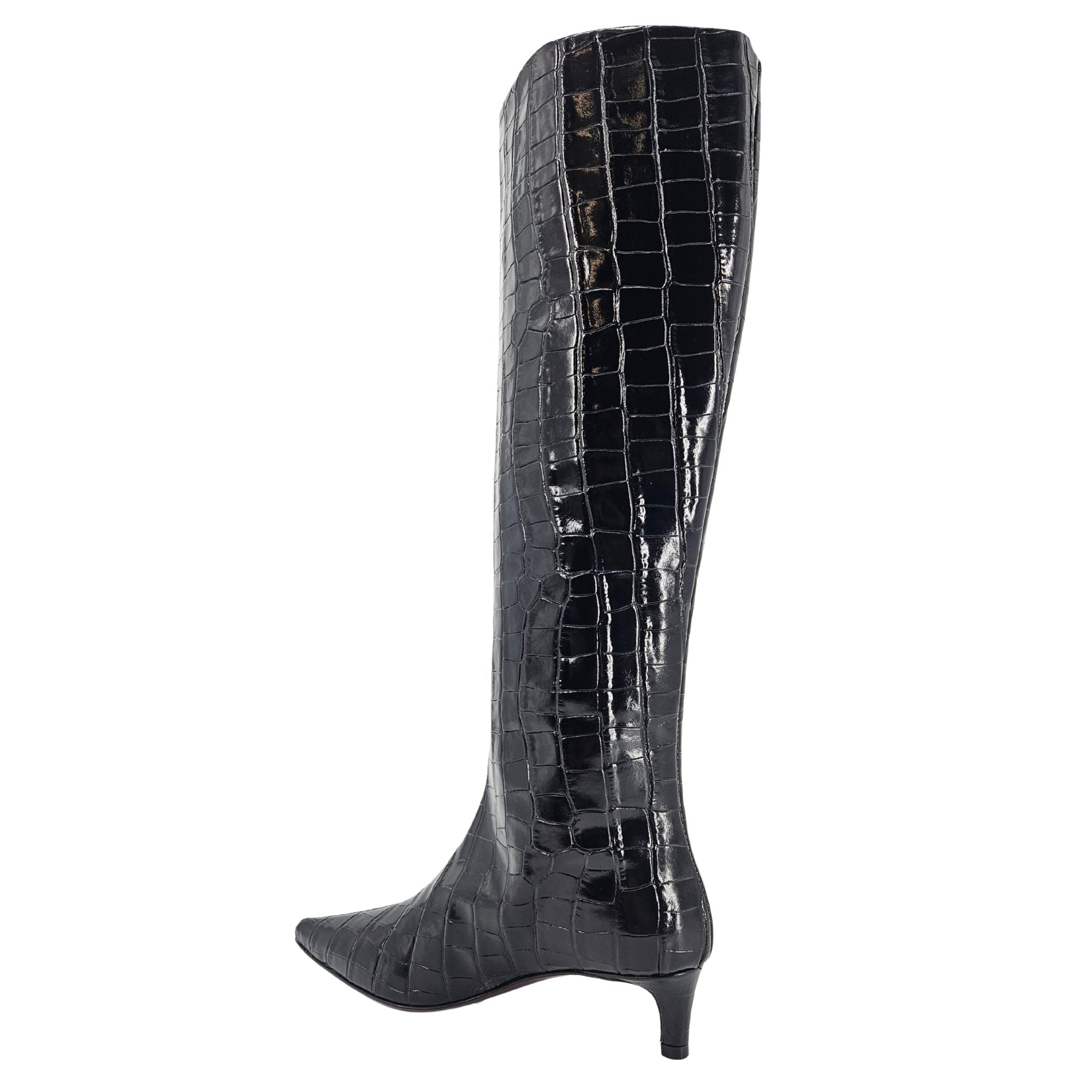 Black Tall Moc Croc Pointy Toe Kitten Heel Boot - Courbe et Compagnie