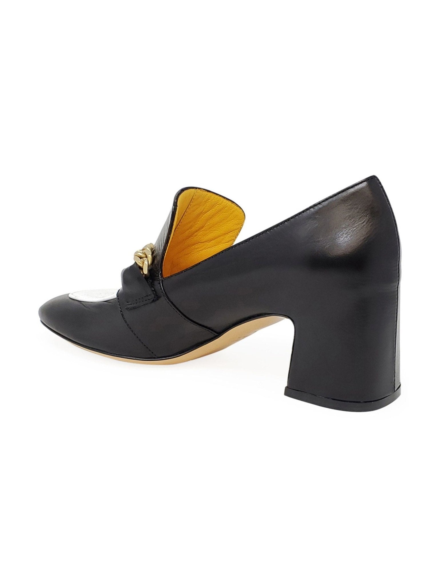 Black & White Leather Mid Heel Loafer with Chain Detail - Courbe et Compagnie
