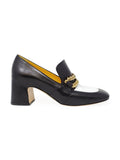 Black & White Leather Mid Heel Loafer with Chain Detail - Courbe et Compagnie